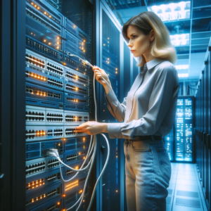Woman plugging cable into switch in a datacenter